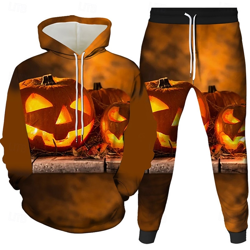 Halloween Men's Halloween pumpkin 2pcs 3D Sweatshirt Sets Tracksuit Hoodie Sweatshirt Long Sleeve Long pants Hooded Casual Daily Athleisure Festival Outfit 3D Print Spring Fall Winter Robin's Egg2