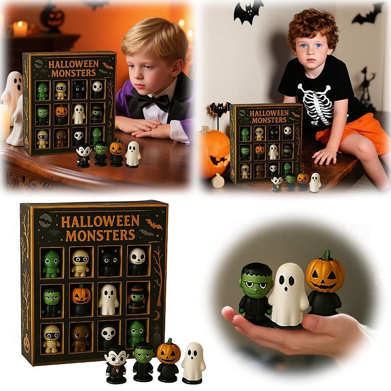 Halloween Advent Calendar Countdown 16PCS Halloween Monster Figurines Host Mini Resin Figures, Spooky Zombie Collectible Toys for Kids & Adults2
