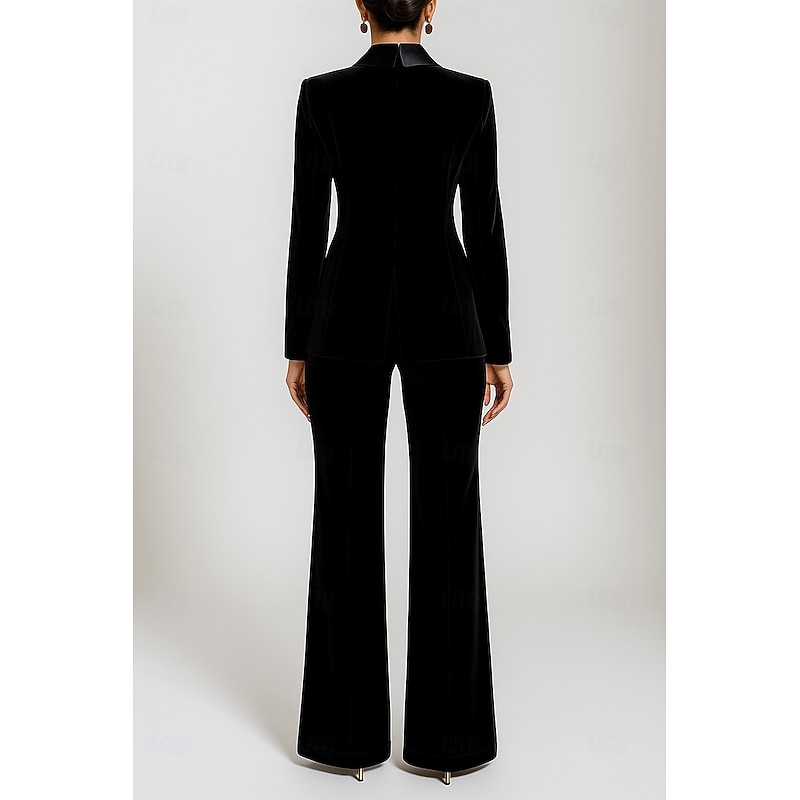 Women's 2 Pieces Suits Formal Wedding Guest Velvet Elegant Vintage Simple Long Sleeve Floor Length Peak Lapel Double Breasted2