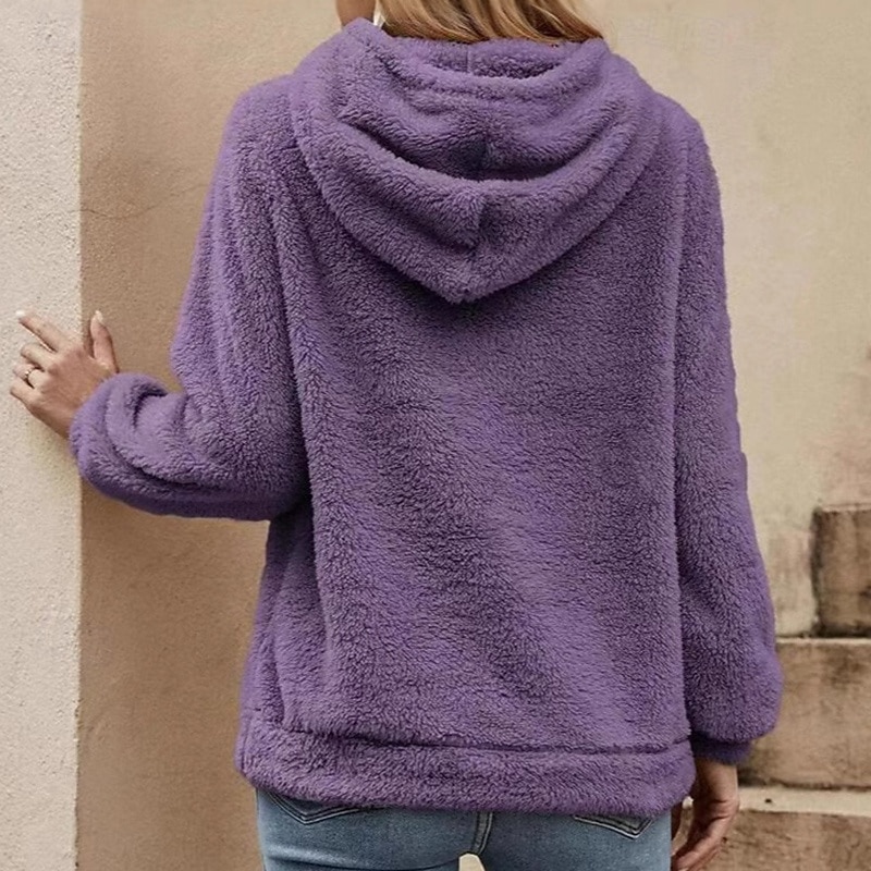 Women's Double Fuzzy Sweatshirt Thick Warm Drawstring Long Sleeve Sports Solid Color Top For Outdoor Travel Vacation Activewear2