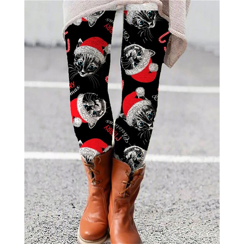 Women's Pants Trousers Leggings Cozy Leggings Streetwear Casual Full Length High WaistPantsChristmas Cat Elastic Waist Print Breathability Comfortable Stretchy Vacation Street Daily Wear Black Summer