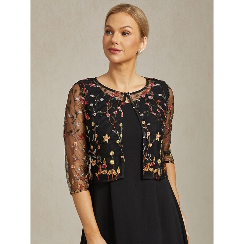 Women's Jacket Blazer Lace Embroidered Elegant Floral Formal Anniversary Party Wedding Guest Open Front Short Crewneck Regular Fit 3/4 Length Sleeve Outerwear Black Summer Spring4