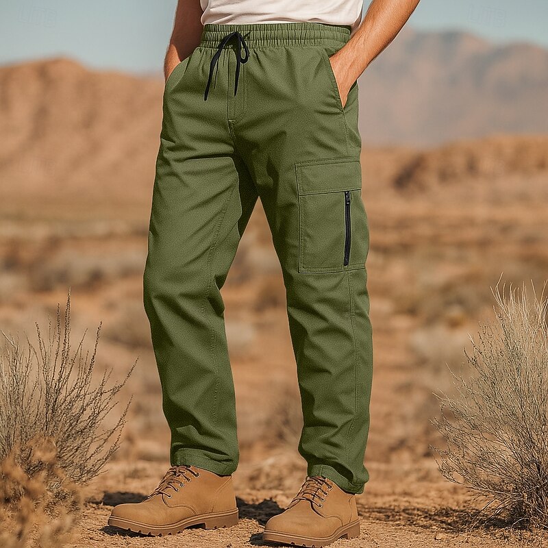 Men's Cargo Pants Trousers Drawstring Elastic Waist Multi Pocket Plain Wearable Full Length Outdoor Casual Daily Vacation Fashion Black Army Green Micro-elastic