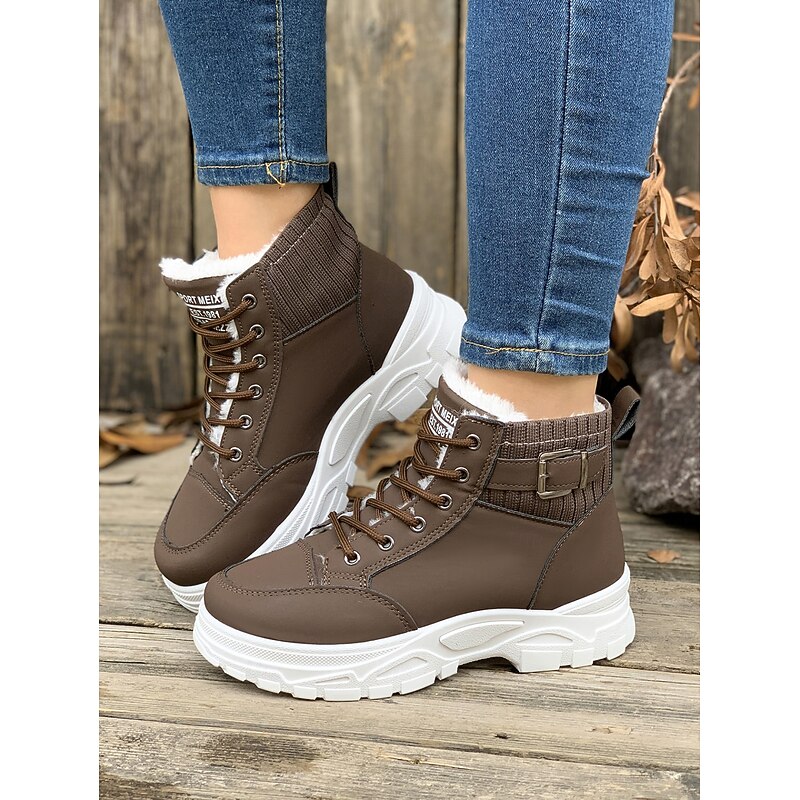Women's Brown Fur Lined Winter Sneaker Boots – Chunky Sole Lace-Up Ankle Boots with Knit Collar for Cold Weather, Outdoor & Casual Wear