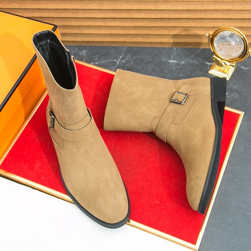 Men's Khaki Faux Suede Mid-Calf Boots with Side Buckle Straps, Retro Cowboy Style Boots for Casual Outfits and Party Occasions3