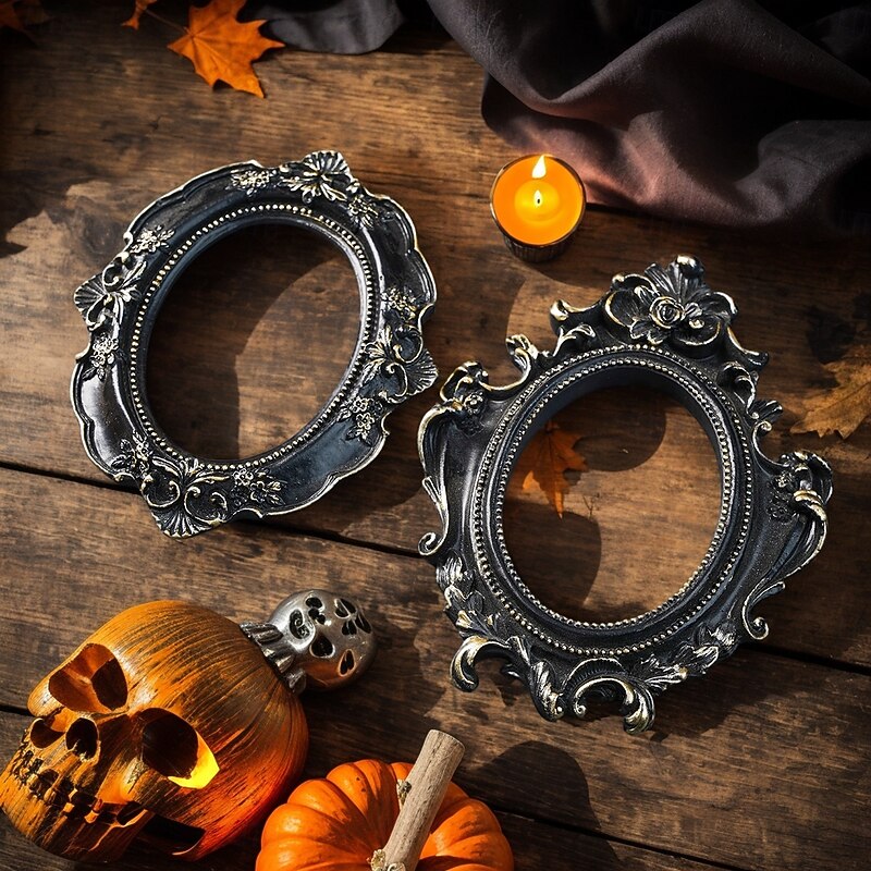 Halloween Photo Frame, Resin Oval 3D Pattern Prop Frame for Photography, Miniature House & Haunted Halloween Party Decorations