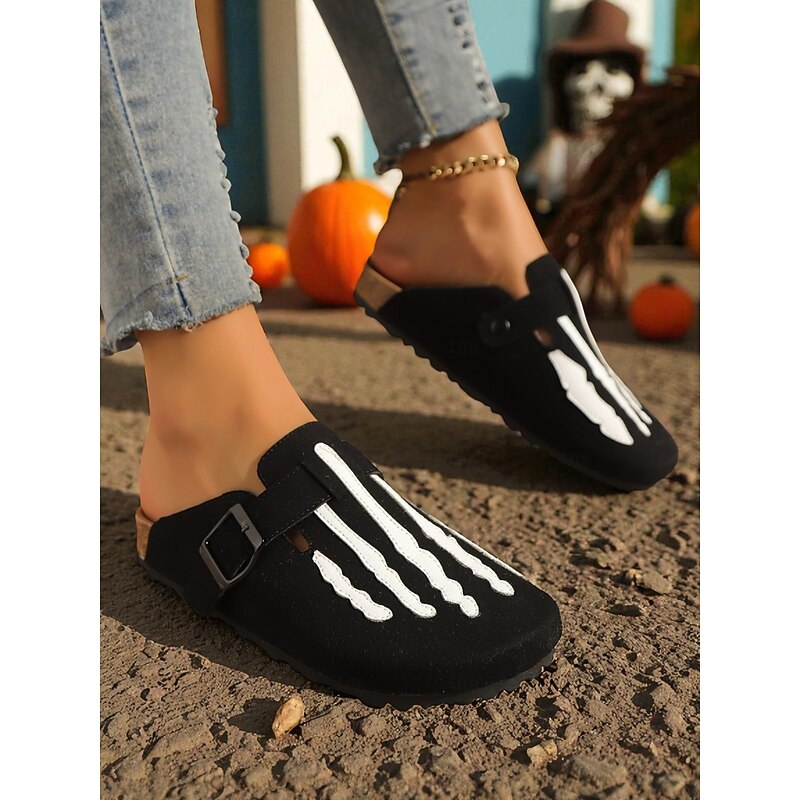 Women's Skeleton Footprint Slip-On Clogs – Halloween-Themed Black and White Mule Shoes with Bone Print Design, Casual and Comfortable for Fall Festivals and Spooky Season Outfits3