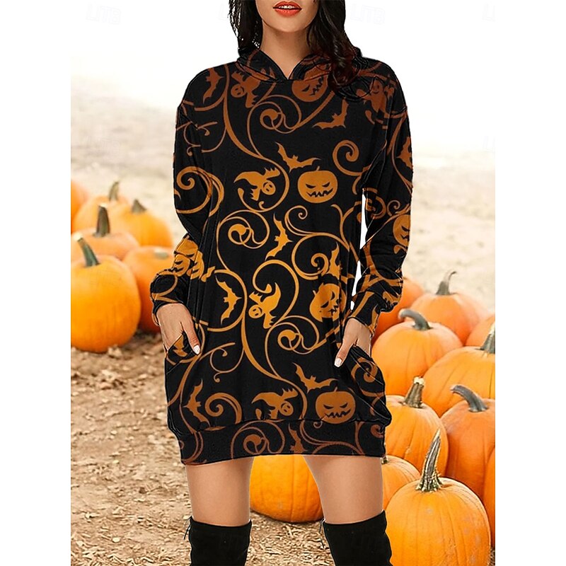 Halloween Women's Hoodie Dress Pumpkin Print Mini Dress Shift Dress Casual Vacation Holiday Weekend Loose Fit Graphic Pumpkin Long Sleeve Hooded Black Purple Orange Fall Winter3