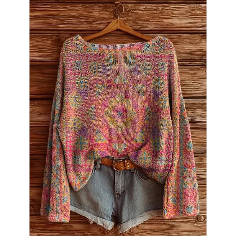 Women's Sweater Casual Soft Floral Vintage Ethnic Long Sleeve Crew Neck Regular Tops Daily Holiday Print Wine Red Purple Fuchsia Spring Fall Winter2