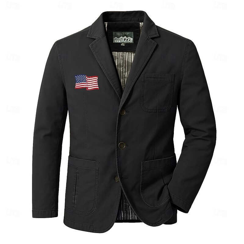 Men's American US Flag Blazer Cotton Suit Jacket Suits Coat Casual Outdoor Dailywear Multiple Pockets Three Button Stripe Lined Suit Jacket Fall Winter Notch lapel collar Long Sleeve Black khaki Army2