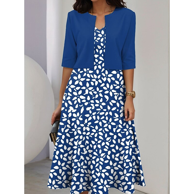 Women's Two Piece Dress Sets Midi Dress with Jacket Elegant A Line Dress Half Sleeve Casual Semi Formal Ombre Floral Print V Neck Date Light Yellow Blue Green Regular Fit3