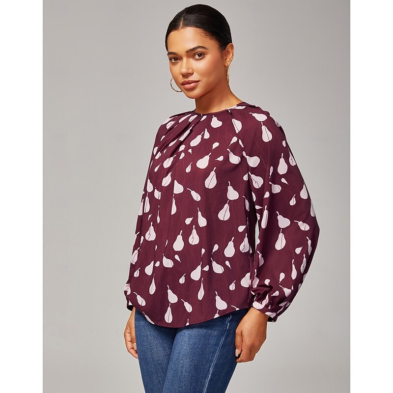 Women's Top Casual Loose Fit Pear Print Long Sleeve Wine Red