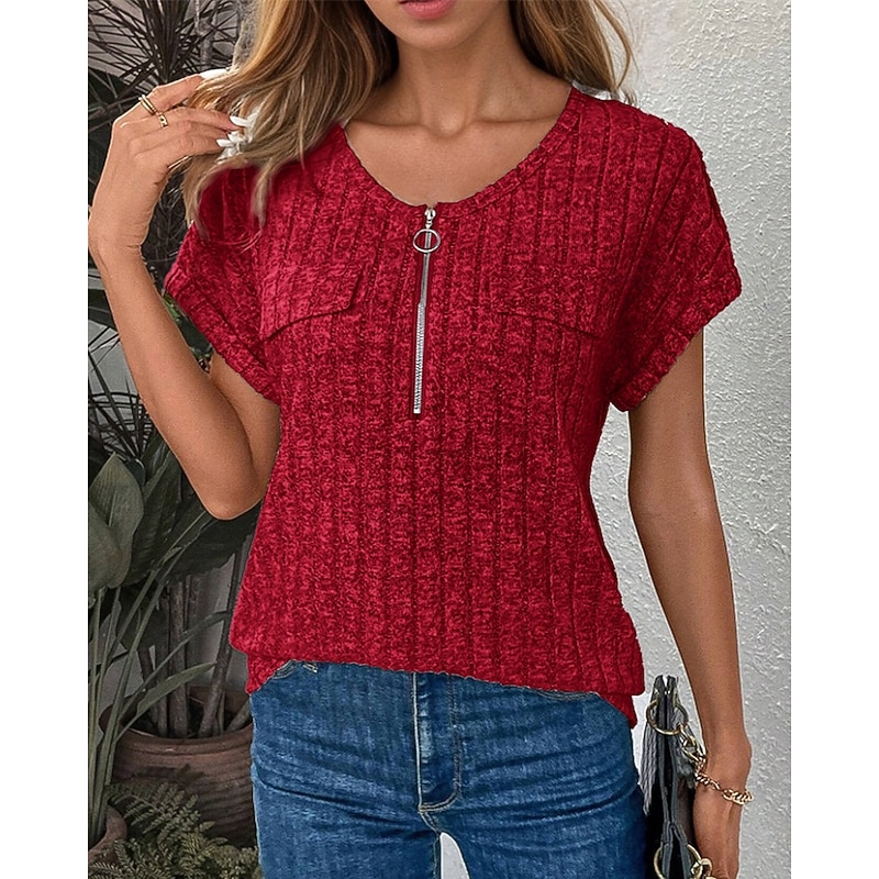 Women's Texture Sweatshirt T Shirt Tee Top Plain Fashion Modern Short Sleeve Crew Neck Regular Tops Daily Going out Quarter Zip Black Wine Army Green Royal Blue Orange Summer