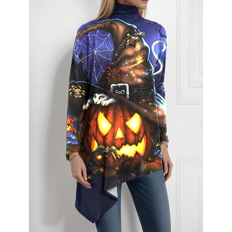 Halloween Sarah Richter by Women's Blouse Graphic  Spider Stylish Classic Casual Long Sleeve Turtleneck Regular Tops Party Evening Wear Daily Going out Asymmetric Hem Summer Spring Fall Winter