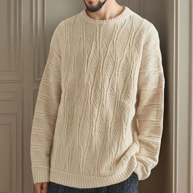 Men's Sweater Pullover Sweater Jumper Cable Knit Regular Tops Knitted Plain Crew Neck Knitwear Contemporary Casual Daily Wear Clothing Apparel Fall & Winter Camel Black S M L
