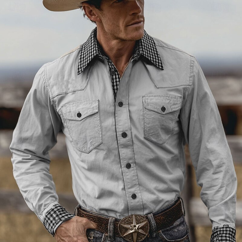 Men's Geometric Plaid Checkered Shirt Western Shirt Cowboy Shirt Long Sleeve Vintage Retro Outdoor Daily WorkWear Fall & Winter Turndown 3D Print Front Two Pockets Button Up Shirts Black Green Beige4