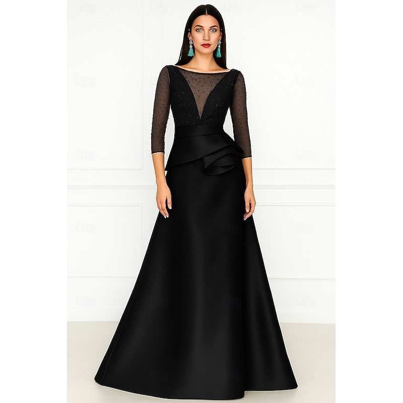 A-Line Evening Gown Elegant Dress Formal Wedding Guest Floor Length 3/4 Length Sleeve Illusion NeckDress Satin with Beading3