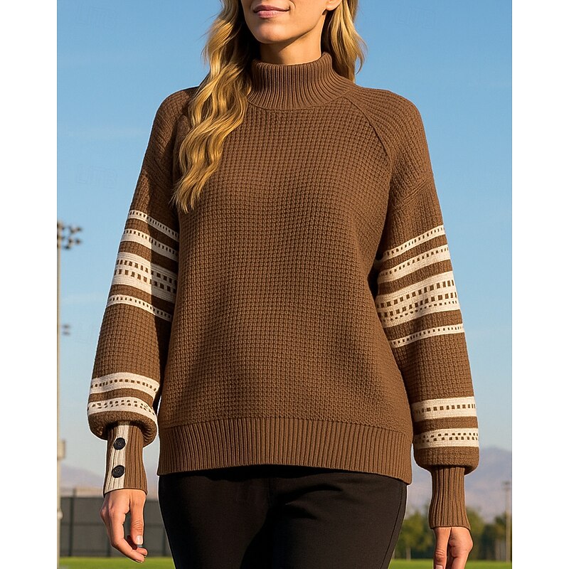 Women's Knitted Pullover Sweater Turtleneck Sweater Long Sleeve Top Athleisure Fall High Neck Patchwork Fashion Outdoor Travel Sportswear Activewear Black White Coffee3