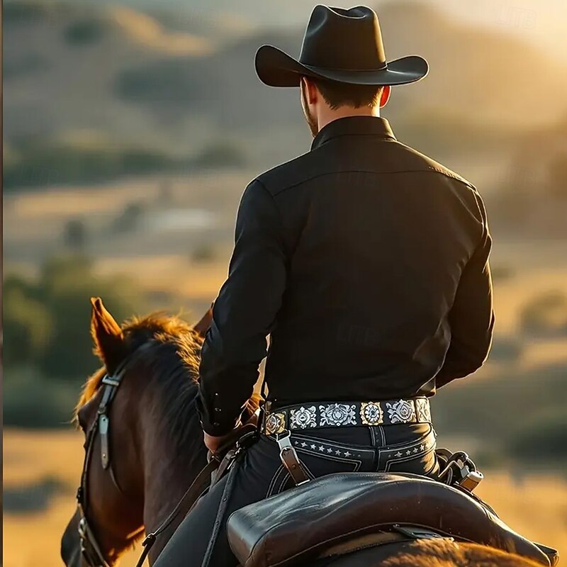 Men's Floral Print Ethnic Flowers Shirt Western Shirt Cowboy Shirt Long Sleeve Vintage Retro Outdoor Vacation Spring Fall Turndown 3D Print Linen Like Shirt Black Grey Black Green Black Black+Blue2