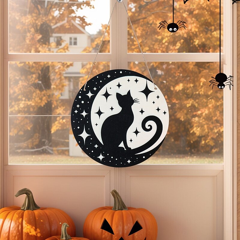 1PC Halloween Round Curly Cat Pattern Decorated Wooden Pendant Halloween-themed Decorative Tag Suitable for Ghost Festival Family Decoration Tag Party Decoration Tag