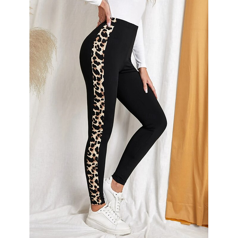 Women's Leggings Vacation Vintage Fashion Full Length High Waist Graphic Leopard Printing Thermal Warm Soft Breathable High Elasticity Outdoor Vacation Street Khaki Spring Fall Winter Slim Fit