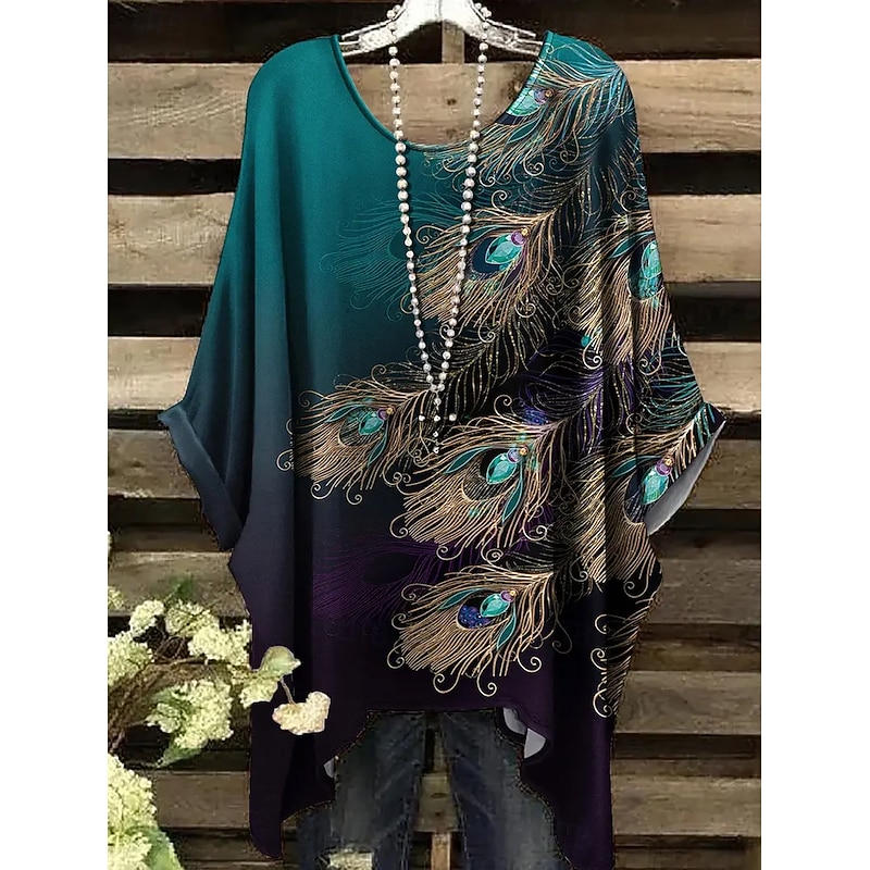 Women's Blouse Graphic Animal Elegant Vintage Daily Half Sleeve Batwing Sleeve Crew Neck Regular Tops Daily Holiday Beach Wear Asymmetric Blue Orange Green Summer Spring