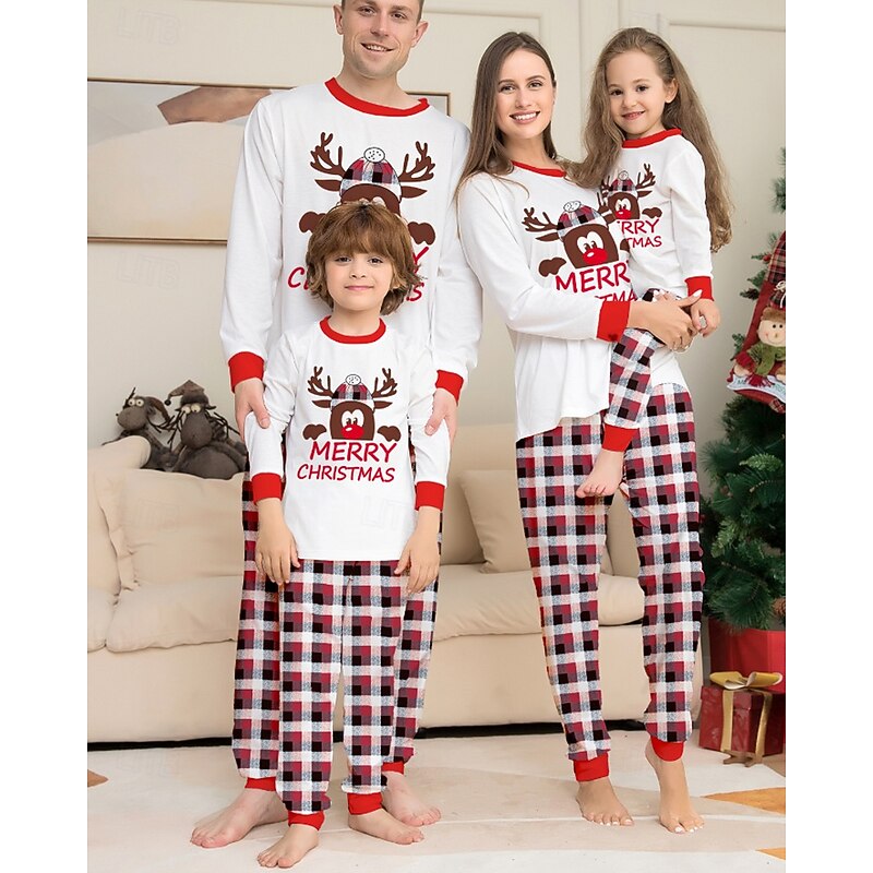 Family Pajamas Plaid Christmas Pattern Home Print White Long Sleeve Active Matching Outfits