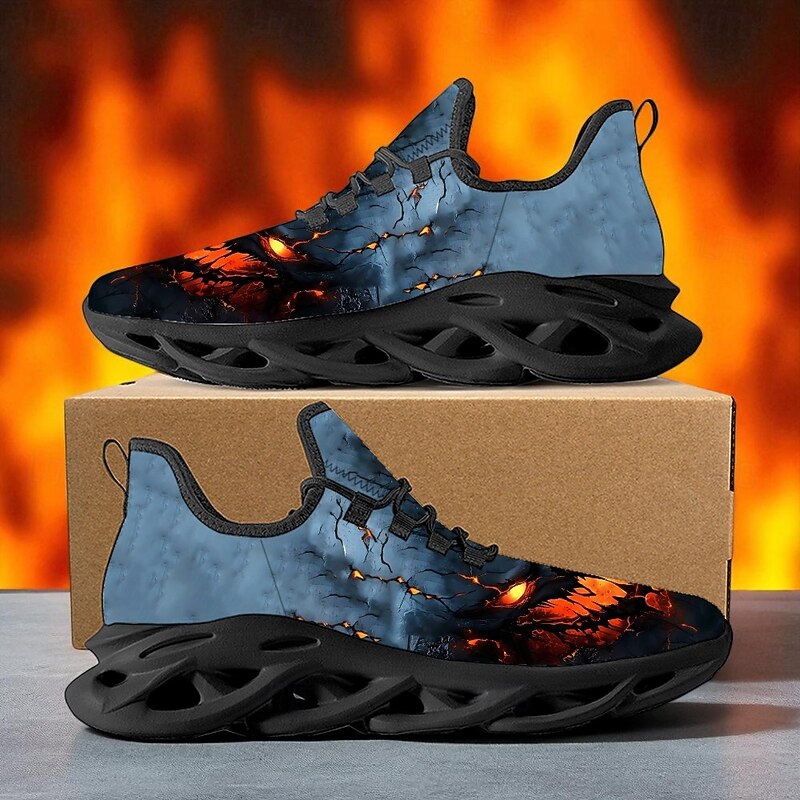 Men's Lace-Up Sneakers with Fiery Skull Print – Casual Halloween Sports Shoes with Comfortable Sole for Running, Party and Everyday Streetwear