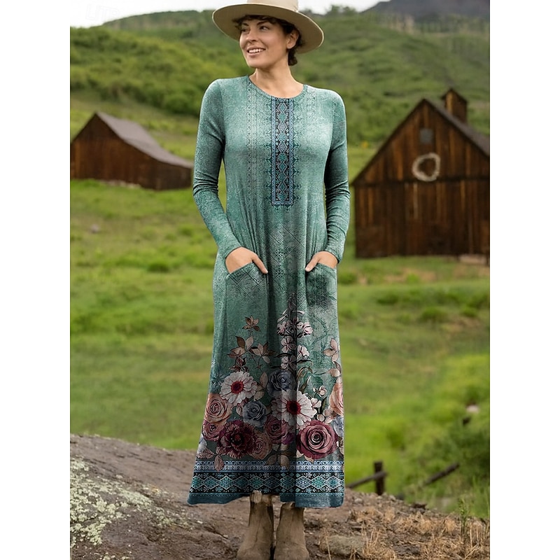 Women's Maxi Dress Sheath Dress T Shirt Dress Tee Dress Vacation Casual Boho Daily Going out Regular Fit Floral Graphic Long Sleeve Crew Neck Light Brown Blue Purple Green Spring Fall Winter Autumn