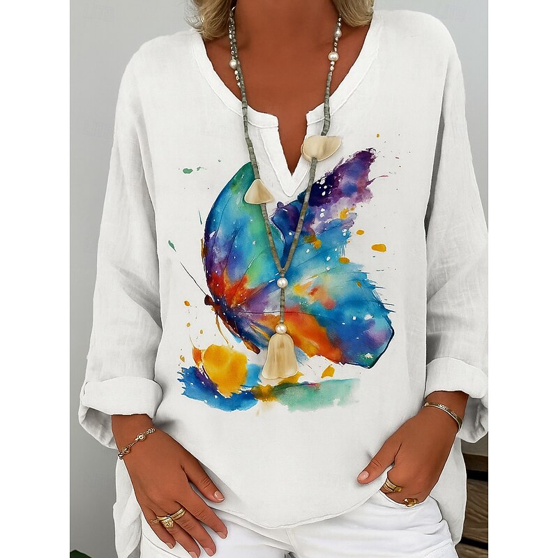 Women's Cotton Linen Shirt Graphic Butterfly Abstract Elegant Bohemia Vintage Long Sleeve V Neck Regular Tops Daily Holiday Red Blue Green Summer Spring2