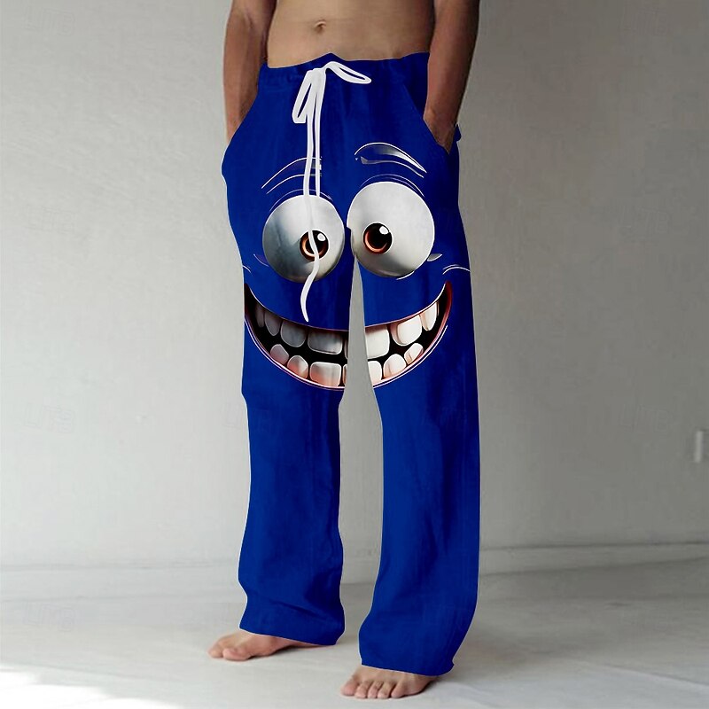 Men's 3D Cartoon Smile Face Big Eyes Trousers Baggy Pants Casual Pants Mid Waist Funny Outdoor Vacation Elastic Drawstring Waist Linen-Like Pants with Pockets Summer Spring Fall 3D Print Black Yellow2