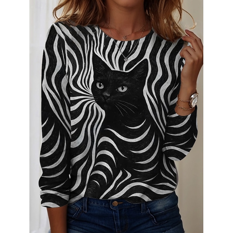 Women's T shirt Long Sleeve Crew Neck Long Sleeve Tunic Graphic Animal Vintage Stylish Modern Round Neck Regular Tops Daily Print White / Black Black and gray Black Fuchsia Orange Fall Prefall