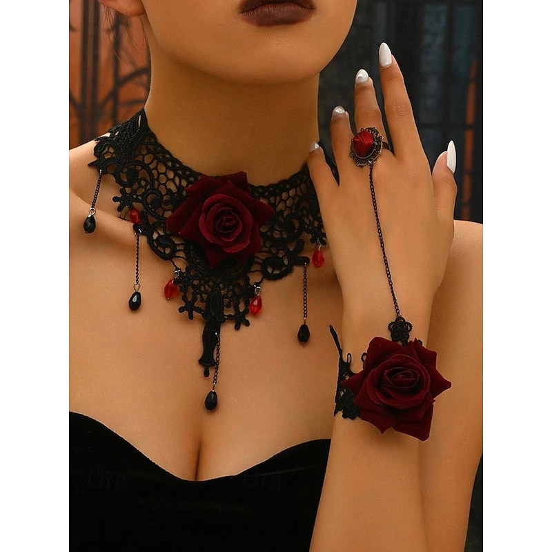 Women's Halloween Gothic Lace Rose Choker Necklace & Bracelet Ring Set — Black Victorian Statement Jewelry with Red Flower, Beaded Teardrops & Adjustable Chains for Cosplay, Costume Parties