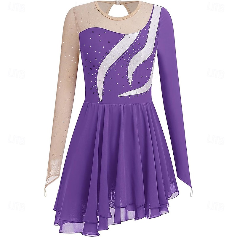 Figure Skating Dress for Women Girls Long Sleeve Mesh Sequin Rhinestone Ice Skating Dress Ballet Competition Dancewear3