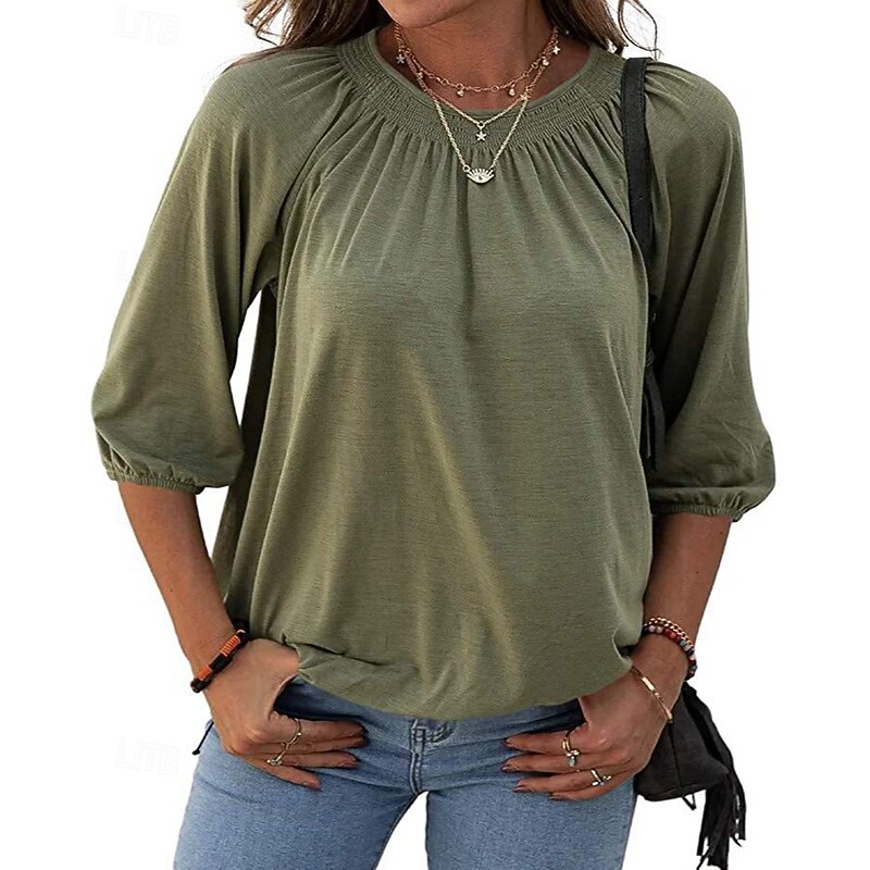 Women's Texture Blouse T Shirt Plain Casual 3/4 Length Sleeve Crew Neck Regular Tops Daily Going out Weekend Patchwork Black White Pink Wine Blue Fall3