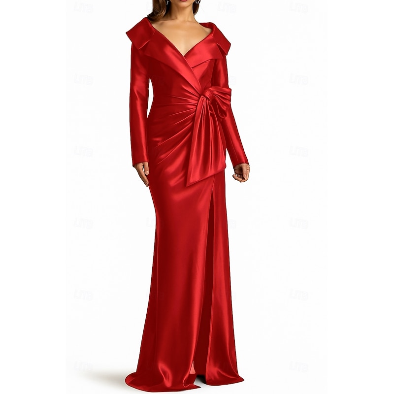 Blue Red A-Line Evening Gown Elegant Dress Formal Wedding Floor Length Long Sleeve Lapel Pocket Stretch Satin with Glitter Bow(s) 20253