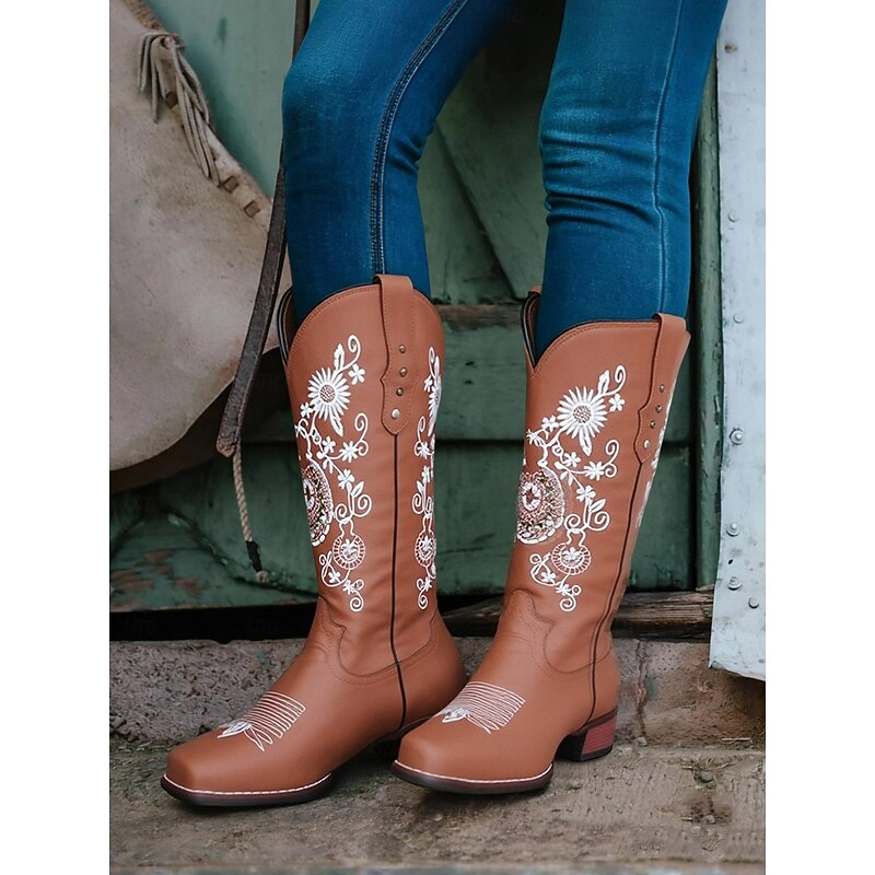 Women's Brown Western Cowboy Boots with White Floral Embroidery, Square Toe and Comfortable Low Heel for Casual Country Wear