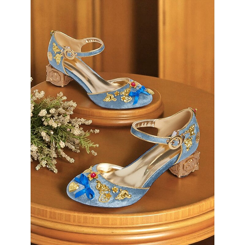 Women's Blue Velvet Mary Jane Block Heel Shoes - Gold Embellished Round Toe Pumps with Bow and Heart Charms, Vintage Baroque Style Inspired by 18th Century Fashion for Parties, Cosplay and Special Occ2