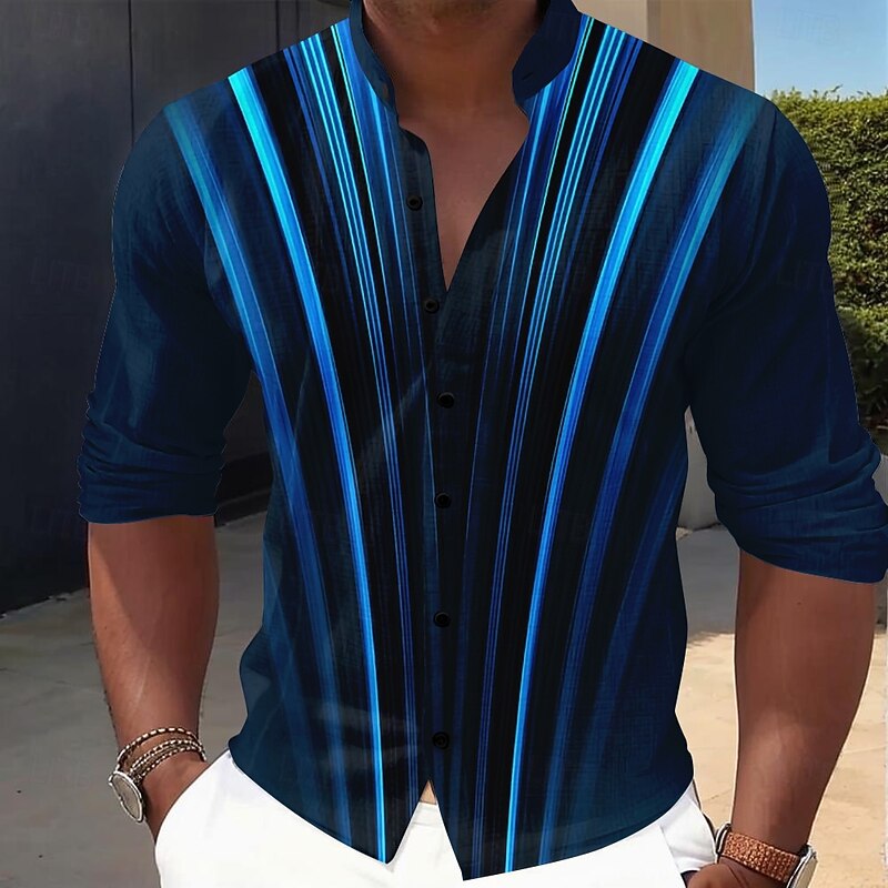 Men's Geometric Gradient Line Shirt Button Up Shirt Stand Collar Shirt Long Sleeve Casual Outdoor Vacation Daily Spring Fall Mandarin Collar Band Collar 3D Print Linen Like Shirt Yellow Blue Purple
