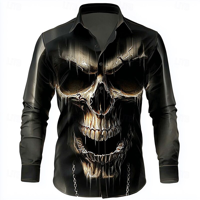 Halloween Men's Skull Death Shirt Button Up Shirt Long Sleeve Dark Punk Gothic Style Outdoor Holiday Summer Spring Turndown 3D Print Collared Shirts Black 1 Black2