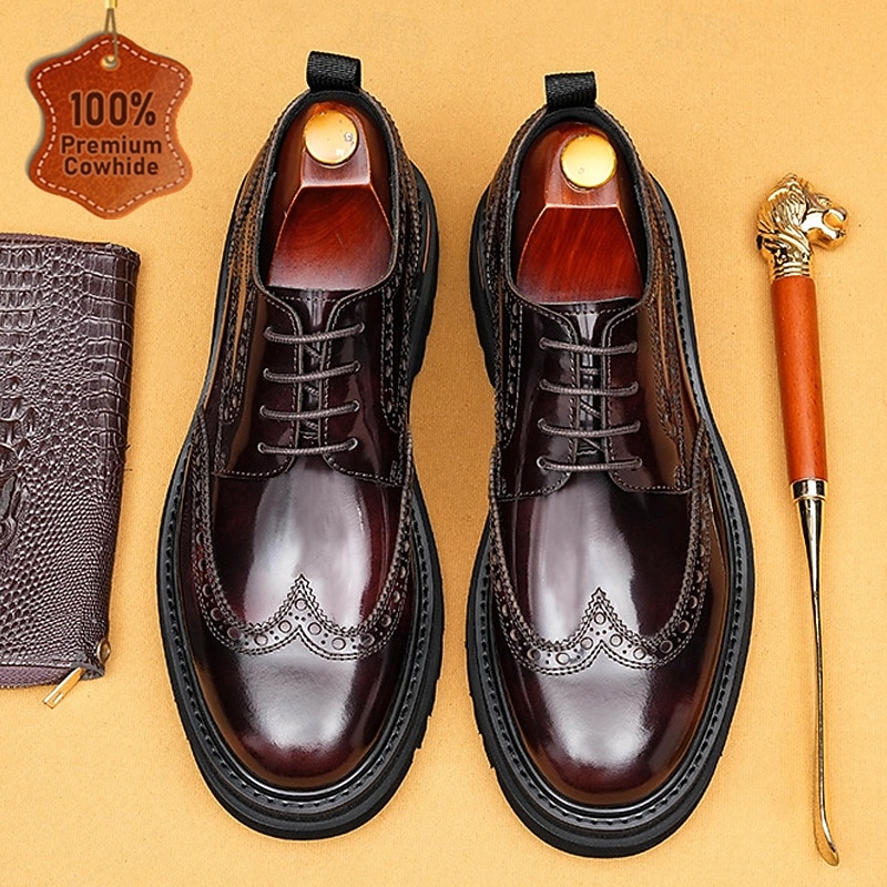 Men's Genuine Leather Wingtip Brogue Dress Shoes Lace-Up Classic Brown Formal Footwear for Office, Banquets and Weddings