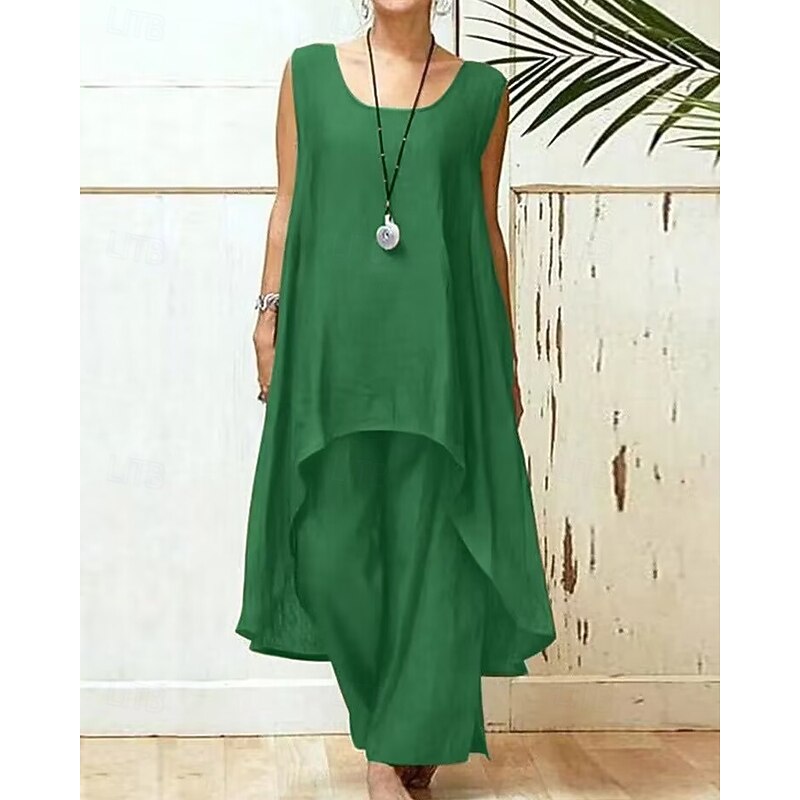 Women's Fashion Blouse Pants Sets Sleeveless Crew Neck Solid Color Vacation Casual Daily Black Sky Blue Purple Summer Regular Fit3