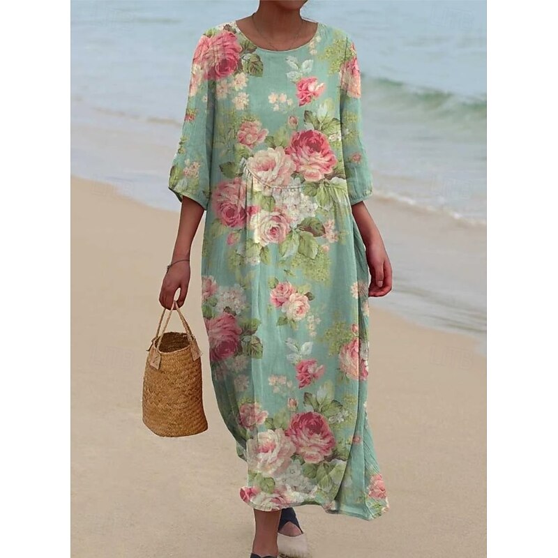 Women's Maxi Dress Kaftan 3/4 Length Sleeve Crew Neck Casual Shift Dress A Line Dress Dress Boho Daily Holiday Date Floral Graphic Dark Yellow Light Pink Yellow Light Green2