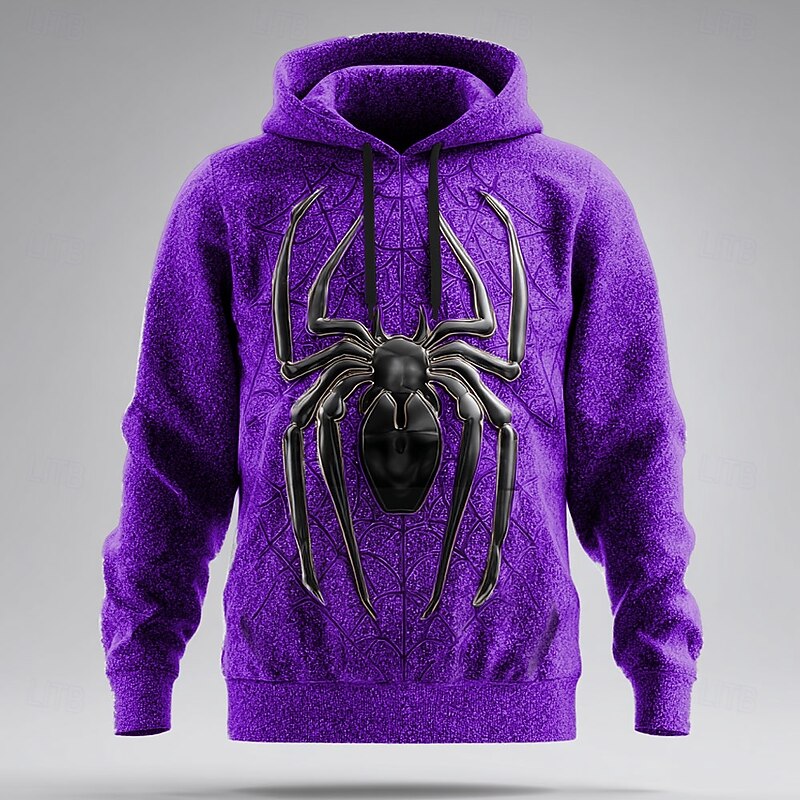 Men's Spider 3D Hoodie Sweatshirt Cool Party Crew Neck Club Streetwear Red Purple Drawstring Fall Winter Designer3