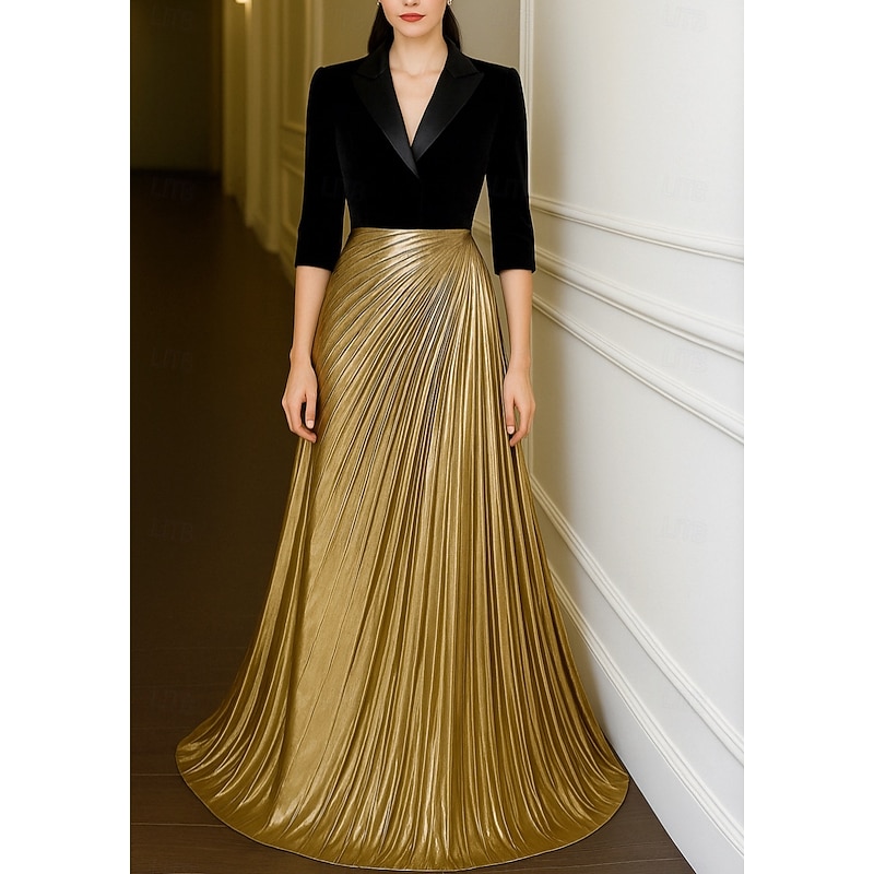 Tuxedo Dress A-Line Formal Wedding Wedding Guest Velvet Elegant Color Block Half Sleeve Floor Length Notched Lapels4