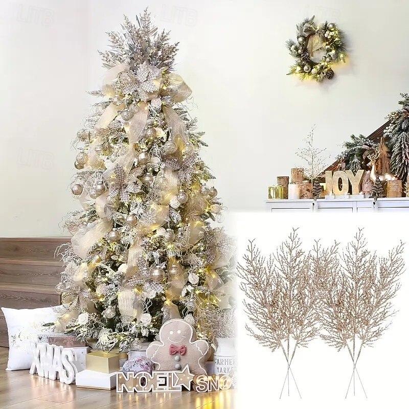 24pcs Artificial Christmas Tree Picks – Sparkling Pine Branch Decorations, Glittery Stems for Christmas Trees, Small Vase Floral Arrangements, Holiday, Wedding, and Party Decor – 14 Inches