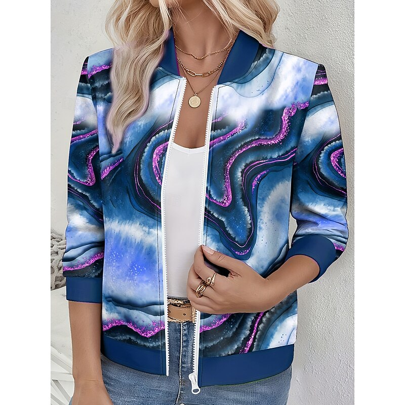 Women's Casual Jacket Warm Quick Dry Zipper Pocket Fashion Daily Casual Abstract Vacation Casual Daily Regular Baseball Collar Regular Fit Long Sleeve Outerwear Red Blue Purple Spring Fall4