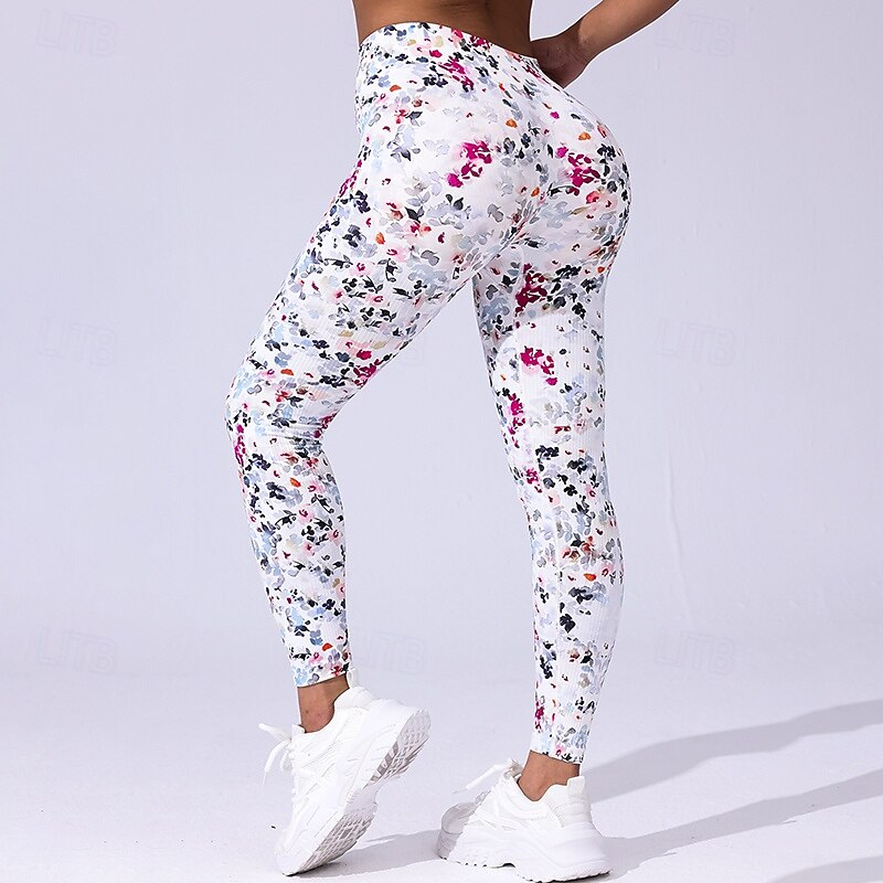 Women's Compression Pants Running Tights Yoga Leggings Tummy Control High Waist Gym Workout Athletic Bottoms Floral Print White Fall Sports Activewear3