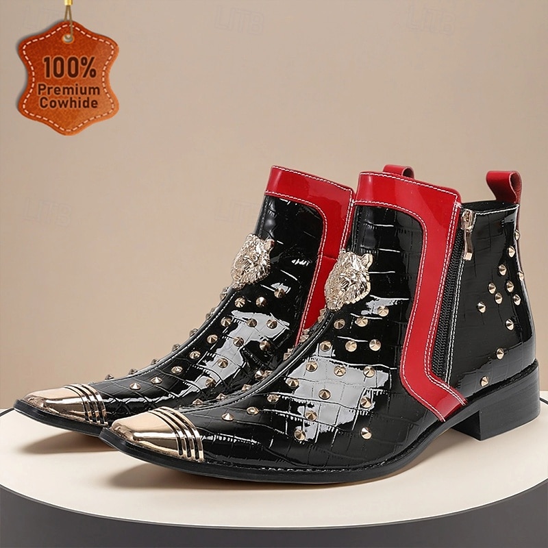 Men's Black and Red Patent Leather Cowboy Boots with Metal Studs – Gothic Punk Western Style Festival & Stage Shoes - Main Image