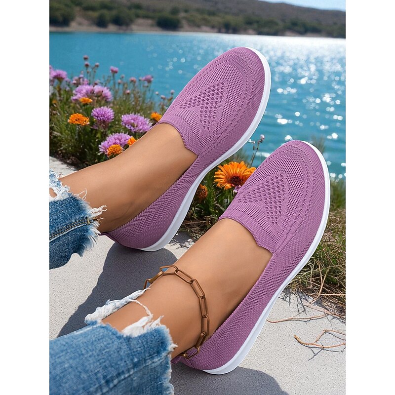 Women's Flyknit Slip-On Sneakers – Lightweight Breathable Casual Flats for Walking, Shopping and Vacation Wear